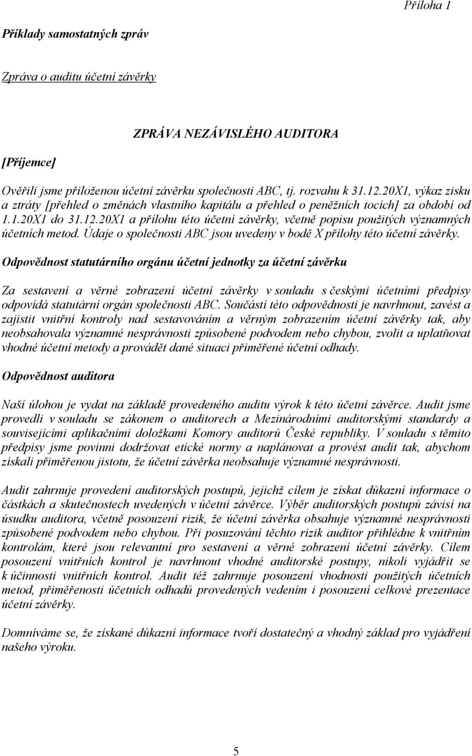 20X1 a přílohu této účetní závěrky, včetně popisu použitých významných účetních metod. Údaje o společnosti ABC jsou uvedeny v bodě X přílohy této účetní závěrky.