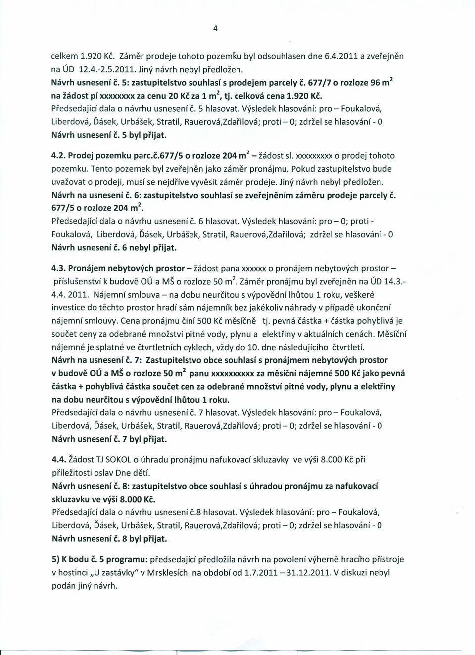 Výsledek hlasování: pro - Foukalová, Návrh usnesení č. S byl přijat. 4.2. Prodej pozemku parc.č.677/5 o rozloze 204 m 2 - žádost sl. xxxxxxxxx o prodej tohoto pozemku.