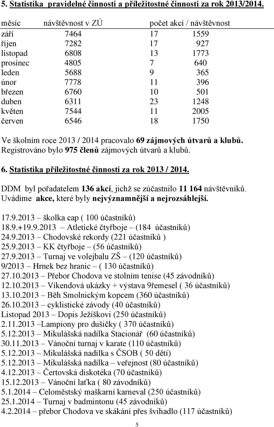 květen 7544 11 2005 červen 6546 18 1750 Ve školním roce 2013 / 2014 pracovalo 69 zájmových útvarů a klubů. Registrováno bylo 975 členů zájmových útvarů a klubů. 6. Statistika příležitostné činnosti za rok 2013 / 2014.
