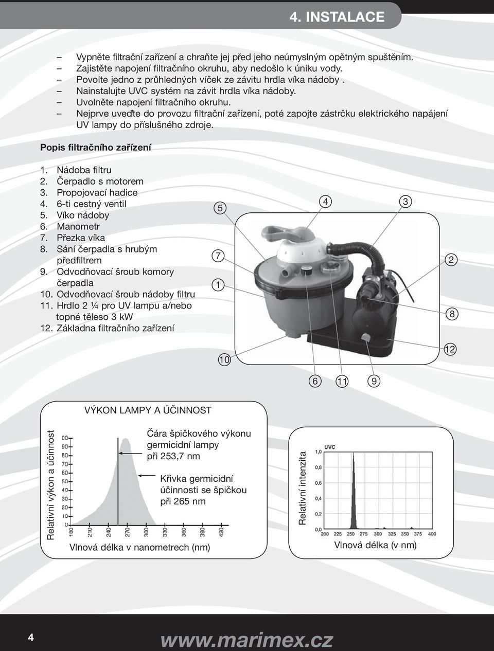 Nejprve uveďte do provozu filtrační zařízení, poté zapojte zástrčku elektrického napájení UV lampy do příslušného zdroje. Popis filtračního zařízení 1. Nádoba filtru 2. Čerpadlo s motorem 3.