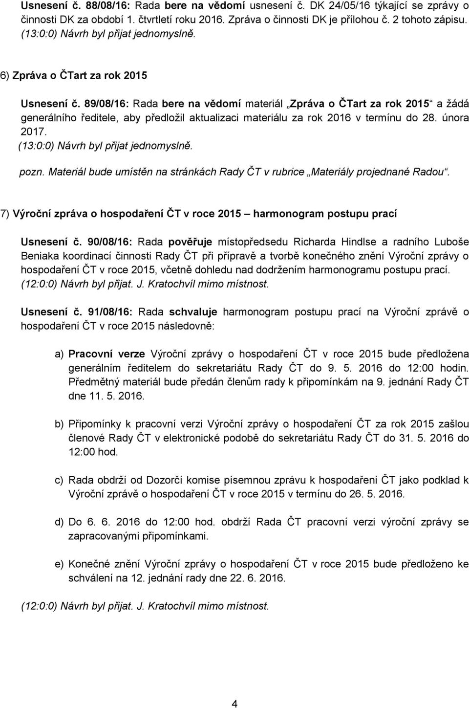 89/08/16: Rada bere na vědomí materiál Zpráva o ČTart za rok 2015 a žádá generálního ředitele, aby předložil aktualizaci materiálu za rok 2016 v termínu do 28. února 2017.
