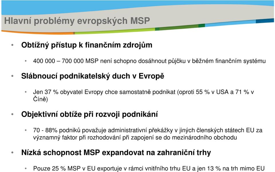 rozvoji podnikání 70-88% podniků považuje administrativní překážky v jiných členských státech EU za významný faktor při rozhodování při zapojení se