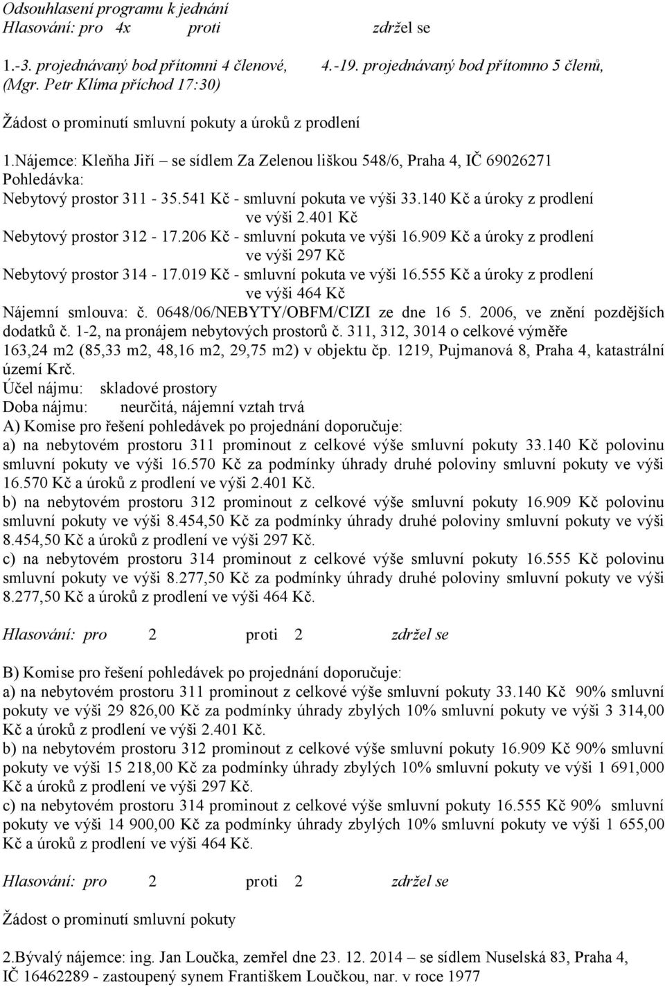 541 Kč - smluvní pokuta ve výši 33.140 Kč a úroky z prodlení ve výši 2.401 Kč Nebytový prostor 312-17.206 Kč - smluvní pokuta ve výši 16.