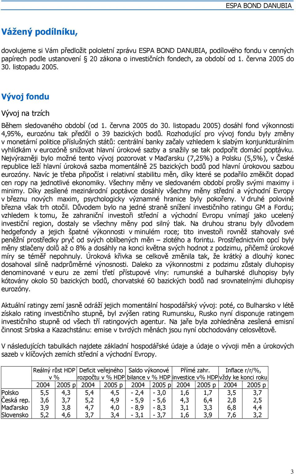 listopadu 2005) dosáhl fond výkonnosti 4,95%, eurozónu tak předčil o 39 bazických bodů.