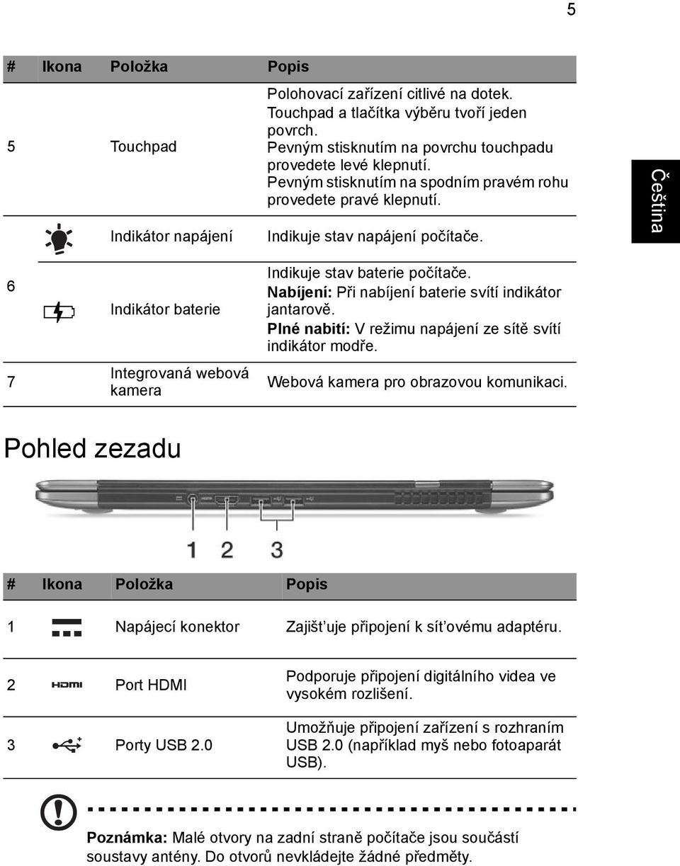 Nabíjení: Při nabíjení baterie svítí indikátor jantarově. Plné nabití: V režimu napájení ze sítě svítí indikátor modře. Webová kamera pro obrazovou komunikaci.