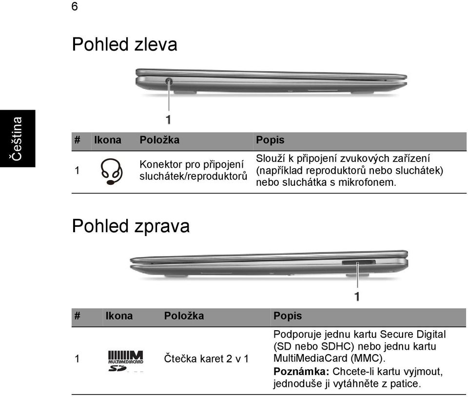 Pohled zprava 1 Čtečka karet 2 v 1 Podporuje jednu kartu Secure Digital (SD nebo SDHC)