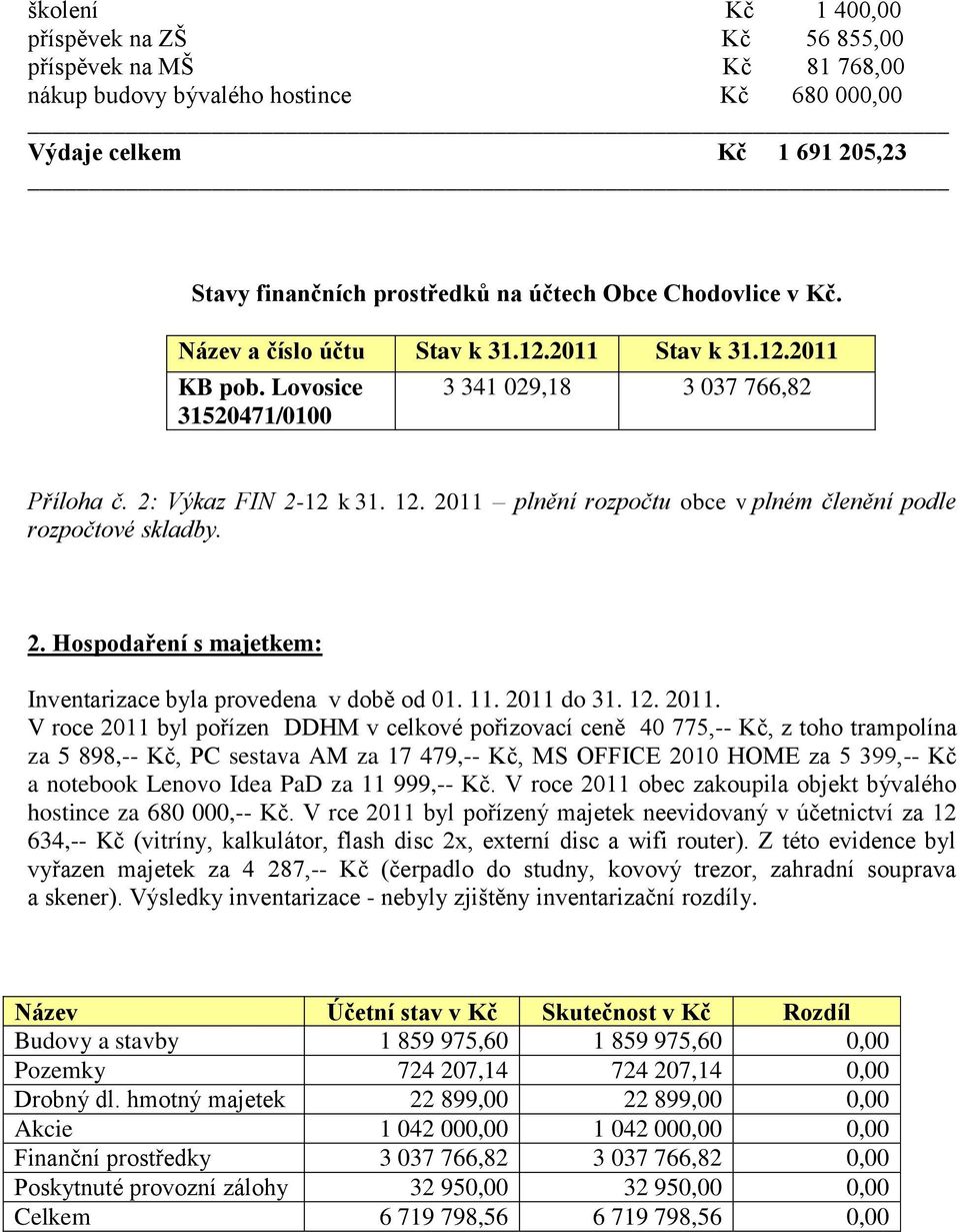 2011 plnění rozpočtu obce v plném členění podle rozpočtové skladby. 2. Hospodaření s majetkem: Inventarizace byla provedena v době od 01. 11. 2011 