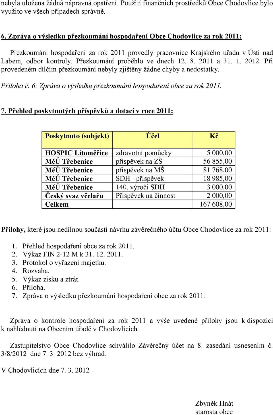 Přezkoumání proběhlo ve dnech 12. 8. 2011 a 31. 1. 2012. Při provedeném dílčím přezkoumání nebyly zjištěny žádné chyby a nedostatky. Příloha č.