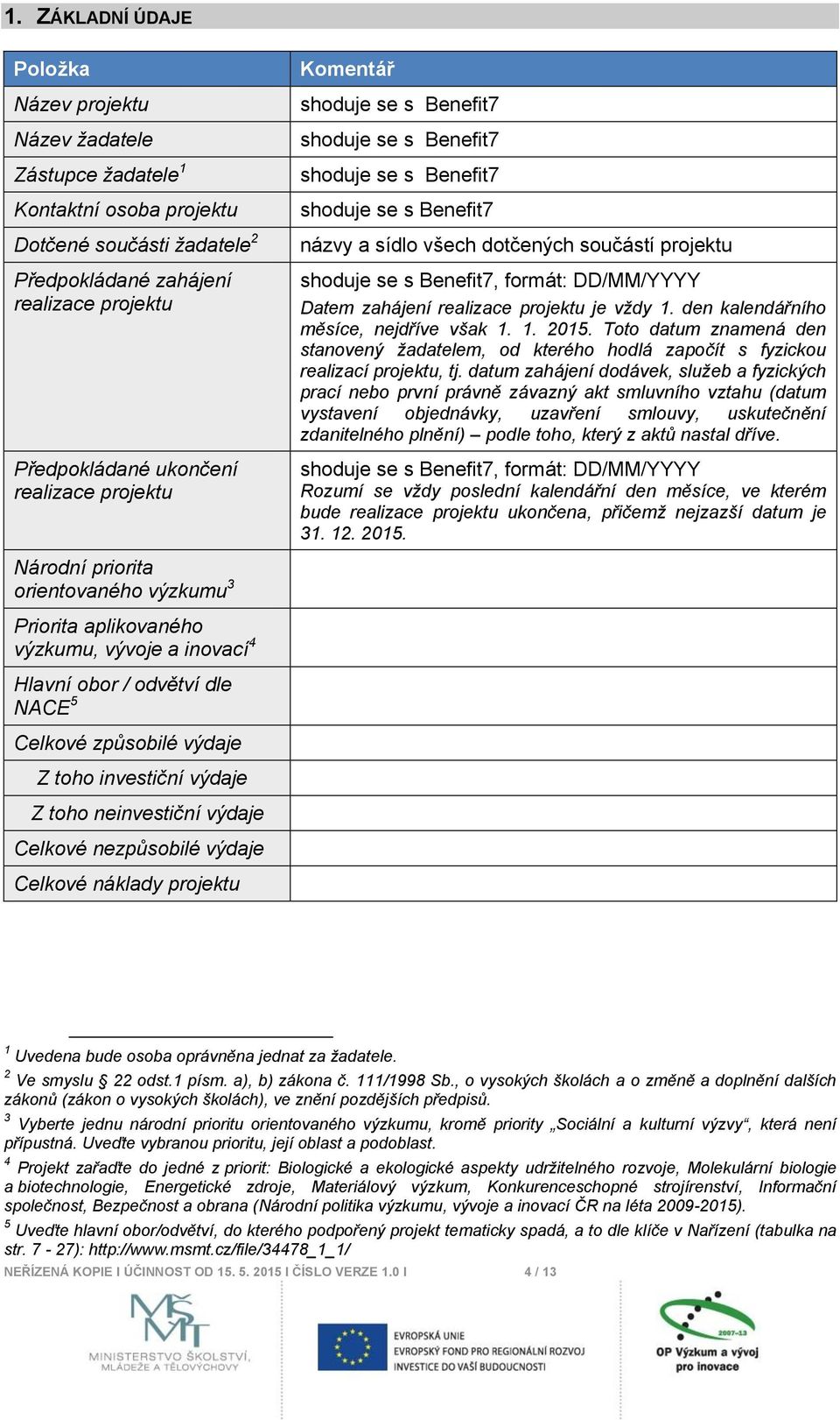 neinvestiční výdaje Celkové nezpůsobilé výdaje Celkové náklady projektu Komentář shoduje se s Benefit7 shoduje se s Benefit7 shoduje se s Benefit7 shoduje se s Benefit7 názvy a sídlo všech dotčených