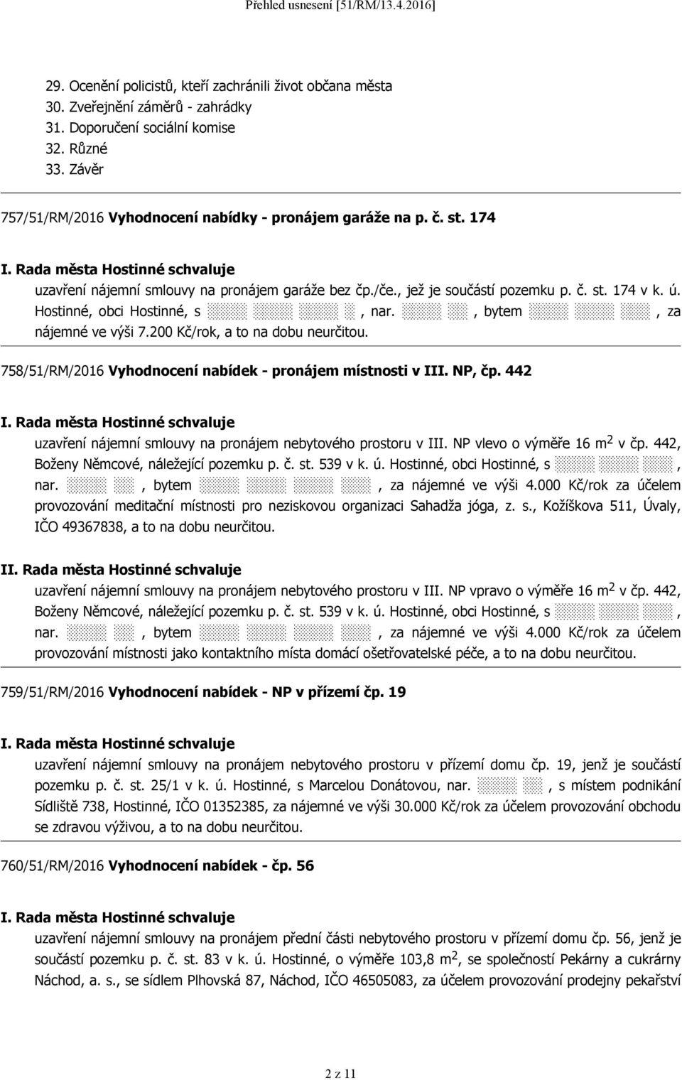 Hostinné, obci Hostinné, s, nar., bytem, za nájemné ve výši 7.200 Kč/rok, a to na dobu neurčitou. 758/51/RM/2016 Vyhodnocení nabídek - pronájem místnosti v III. NP, čp.