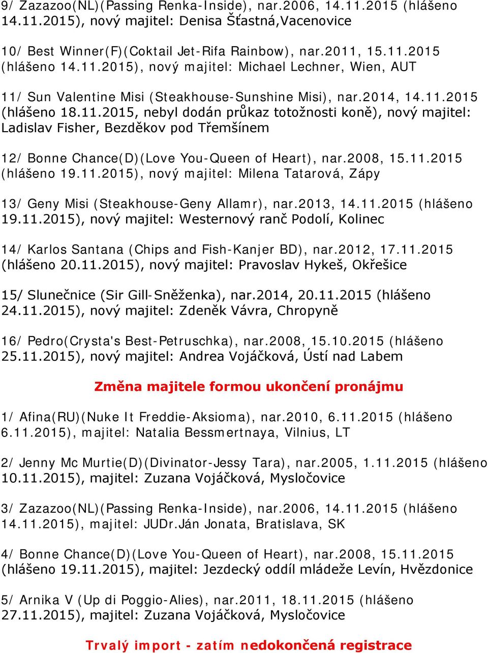 11.2015), nový majitel: Milena Tatarová, Zápy 13/ Geny Misi (Steakhouse-Geny Allamr), nar.2013, 14.11.2015 (hlášeno 19.11.2015), nový majitel: Westernový ranč Podolí, Kolinec 14/ Karlos Santana (Chips and Fish-Kanjer BD), nar.