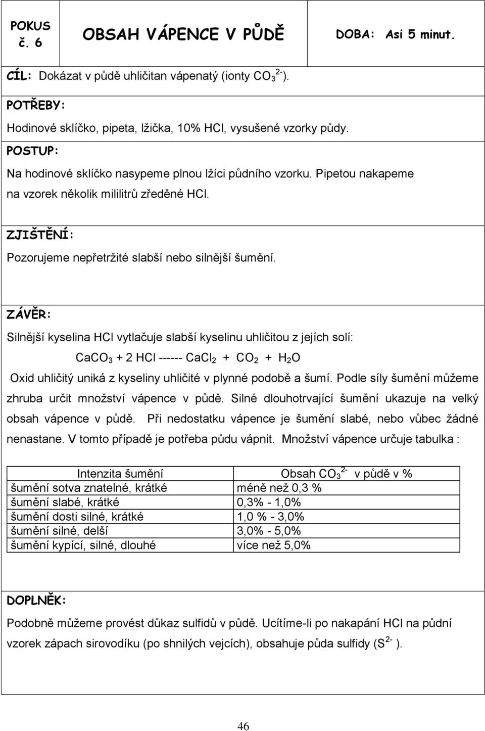 Silnější kyselina HCl vytlačuje slabší kyselinu uhličitou z jejích solí: CaCO 3 + 2 HCl ------ CaCl 2 + CO 2 + H 2 O Oxid uhličitý uniká z kyseliny uhličité v plynné podobě a šumí.