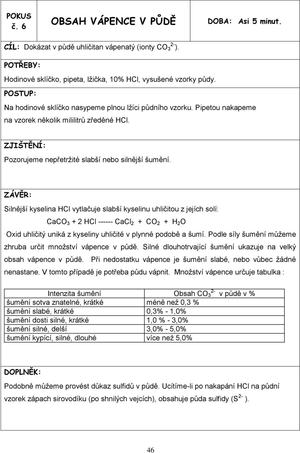 Silnější kyselina HCl vytlačuje slabší kyselinu uhličitou z jejích solí: CaCO 3 + 2 HCl ------ CaCl 2 + CO 2 + H 2 O Oxid uhličitý uniká z kyseliny uhličité v plynné podobě a šumí.