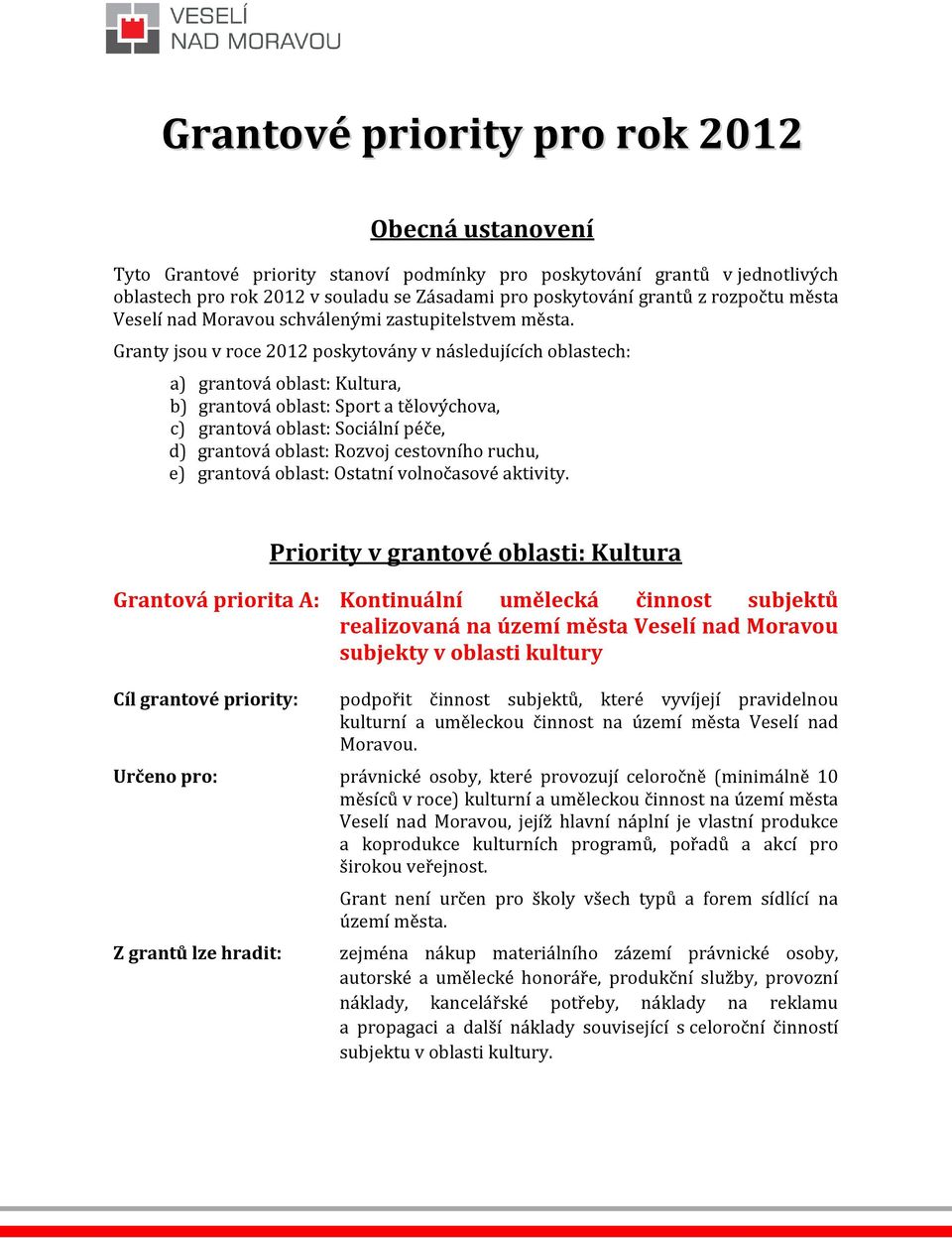 Granty jsou v roce 2012 poskytovány v následujících oblastech: a) grantová oblast: Kultura, b) grantová oblast: Sport a tělovýchova, c) grantová oblast: Sociální péče, d) grantová oblast: Rozvoj