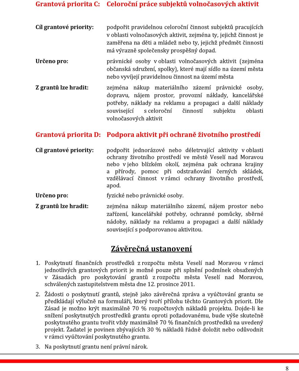 právnické osoby v oblasti volnočasových aktivit (zejména občanská sdružení, spolky), které mají sídlo na území města nebo vyvíjejí pravidelnou činnost na území města zejména nákup materiálního zázemí