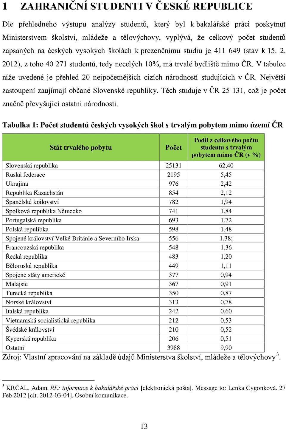 V tabulce níže uvedené je přehled 20 nejpočetnějších cizích národností studujících v ČR. Největší zastoupení zaujímají občané Slovenské republiky.
