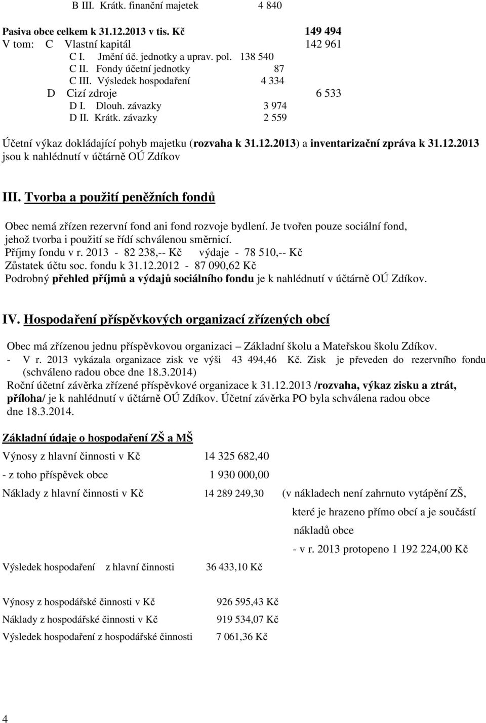 2013) a inventarizační zpráva k 31.12.2013 jsou k nahlédnutí v účtárně OÚ Zdíkov III. Tvorba a použití peněžních fondů Obec nemá zřízen rezervní fond ani fond rozvoje bydlení.