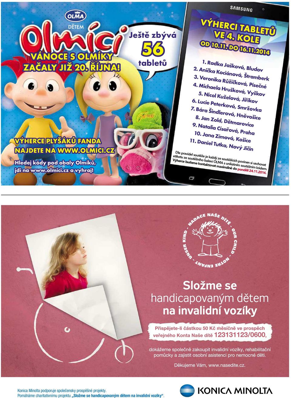 Natalia Císařová, Praha 10.Jana Zímová,Košice 11.Daniel Tutka, Nový Jičín Hledej kódy pod obaly Olmíků, jdi na www.olmici.cz avyhraj!