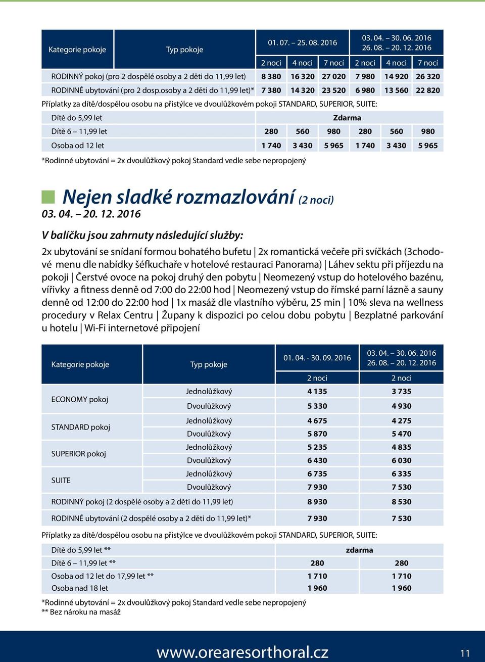 osoby a 2 děti do 11,99 let)* 7 380 14 320 23 520 6 980 13 560 22 820 Příplatky za dítě/dospělou osobu na přistýlce ve dvoulůžkovém pokoji STANDARD, SUPERIOR, SUITE: Zdarma Dítě 6 11,99 let 280 560