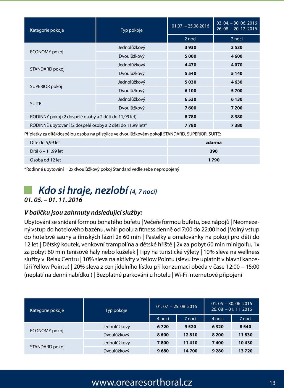 Dvoulůžkový 7 600 7 200 RODINNÝ pokoj (2 dospělé osoby a 2 děti do 11,99 let) 8 780 8 380 RODINNÉ ubytování (2 dospělé osoby a 2 děti do 11,99 let)* 7 780 7 380 Příplatky za dítě/dospělou osobu na