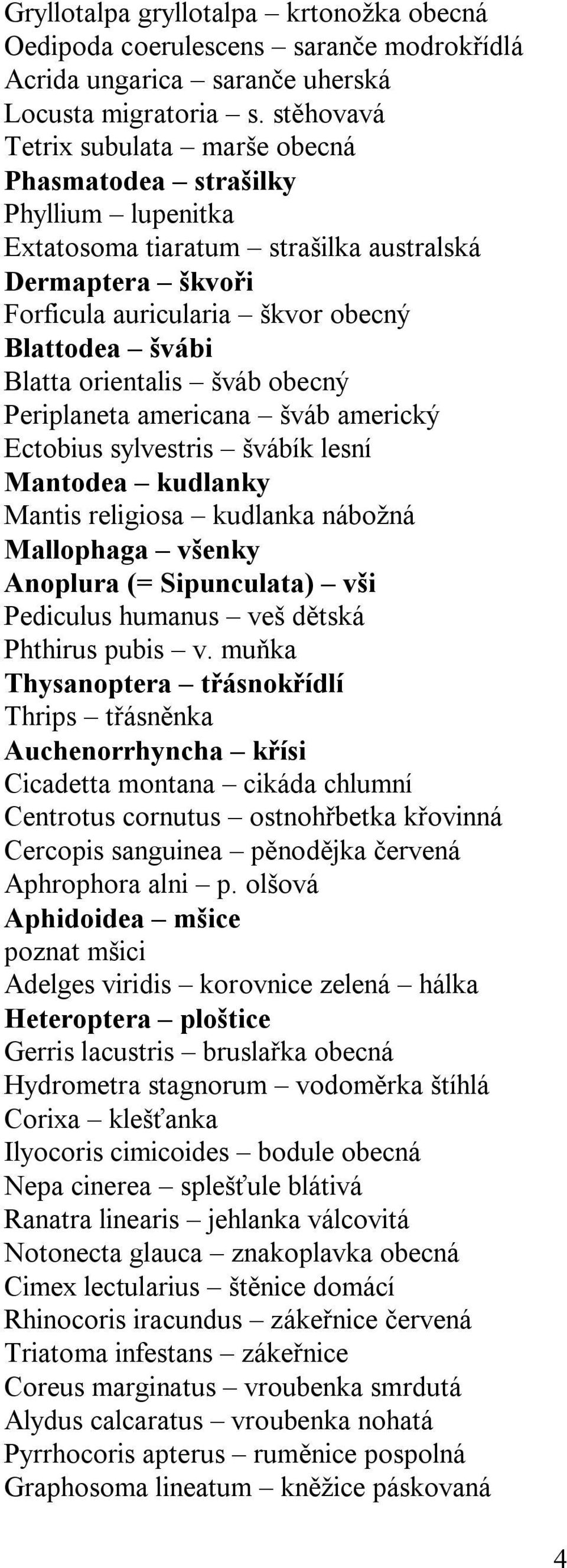 orientalis šváb obecný Periplaneta americana šváb americký Ectobius sylvestris švábík lesní Mantodea kudlanky Mantis religiosa kudlanka nábožná Mallophaga všenky Anoplura (= Sipunculata) vši