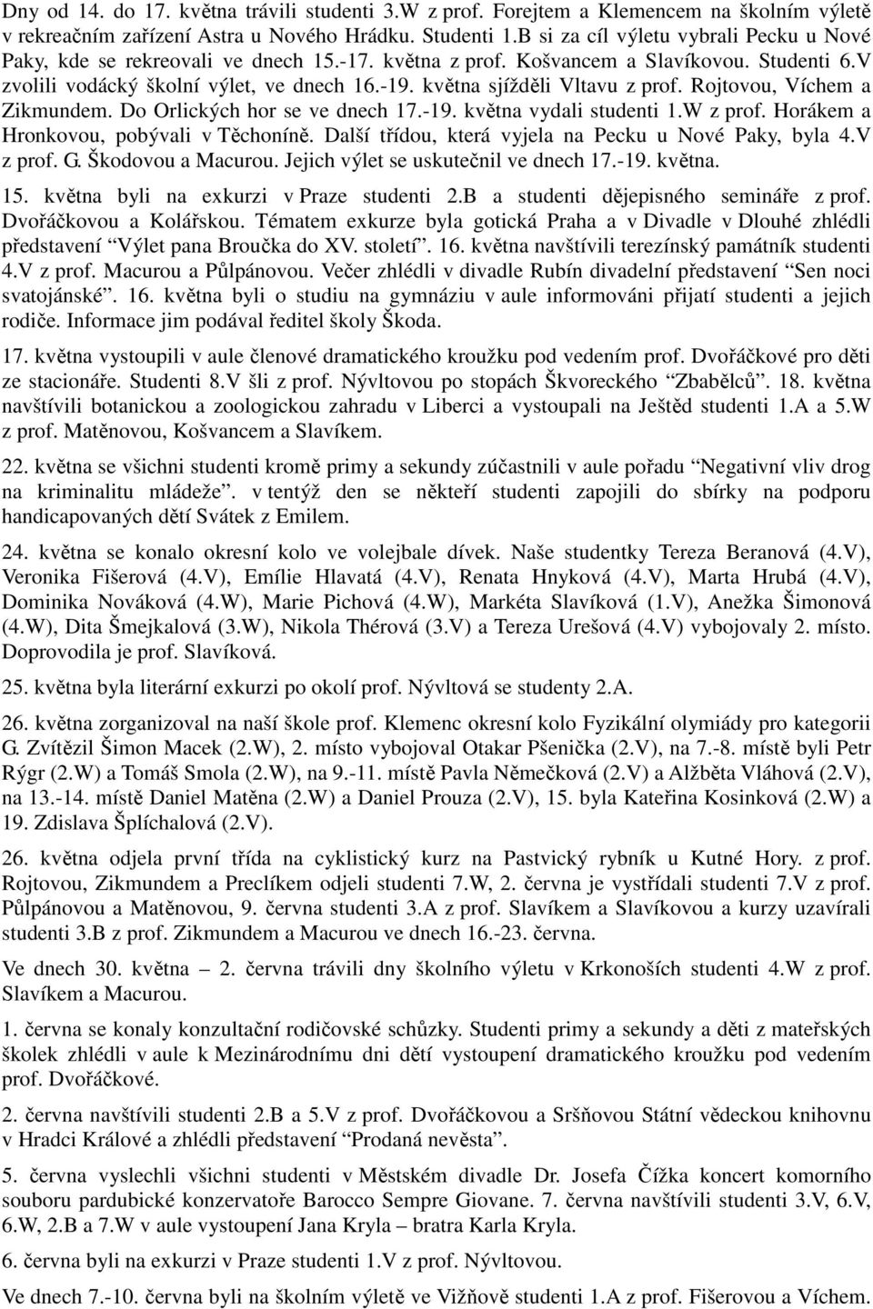 května sjížděli Vltavu z prof. Rojtovou, Víchem a Zikmundem. Do Orlických hor se ve dnech 17.-19. května vydali studenti 1.W z prof. Horákem a Hronkovou, pobývali v Těchoníně.