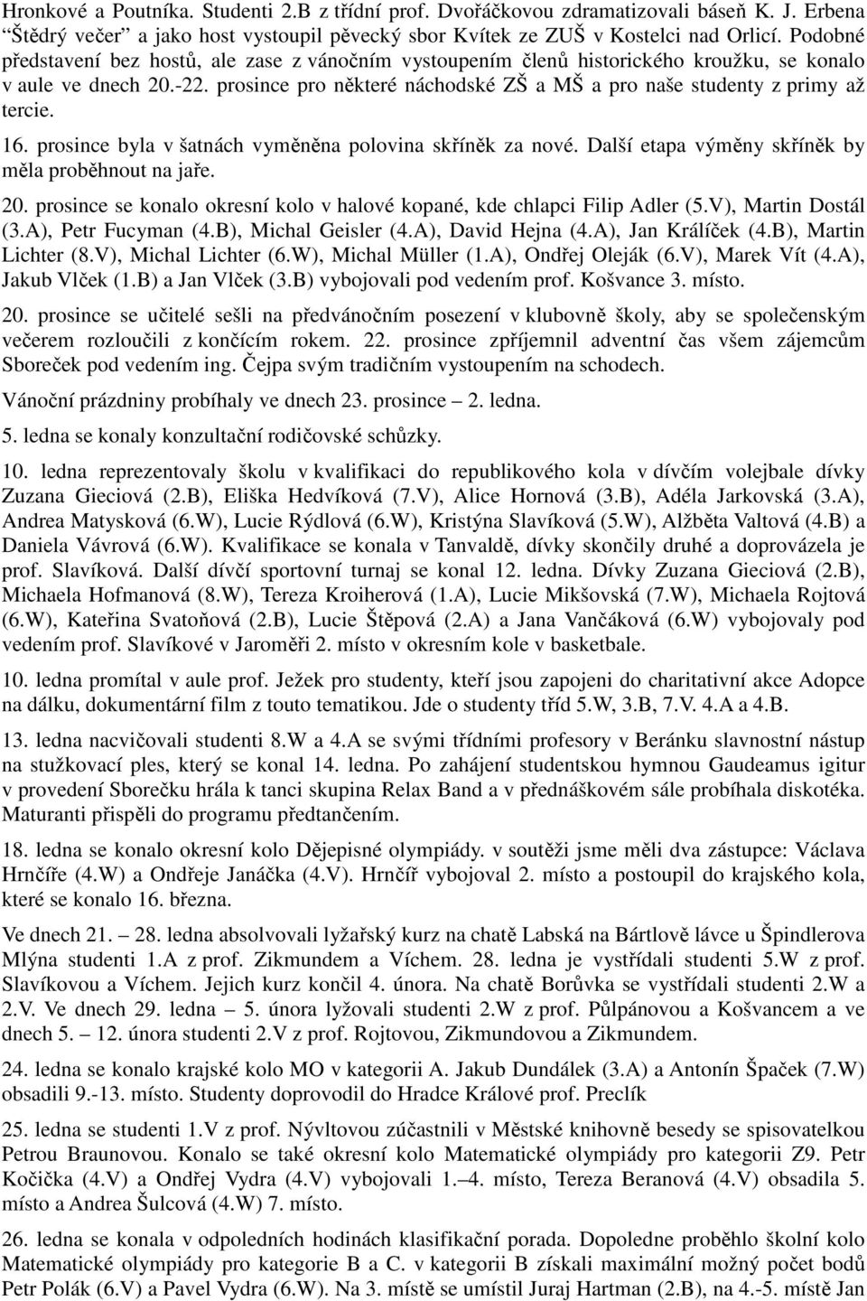 prosince pro některé náchodské ZŠ a MŠ a pro naše studenty z primy až tercie. 16. prosince byla v šatnách vyměněna polovina skříněk za nové. Další etapa výměny skříněk by měla proběhnout na jaře. 20.