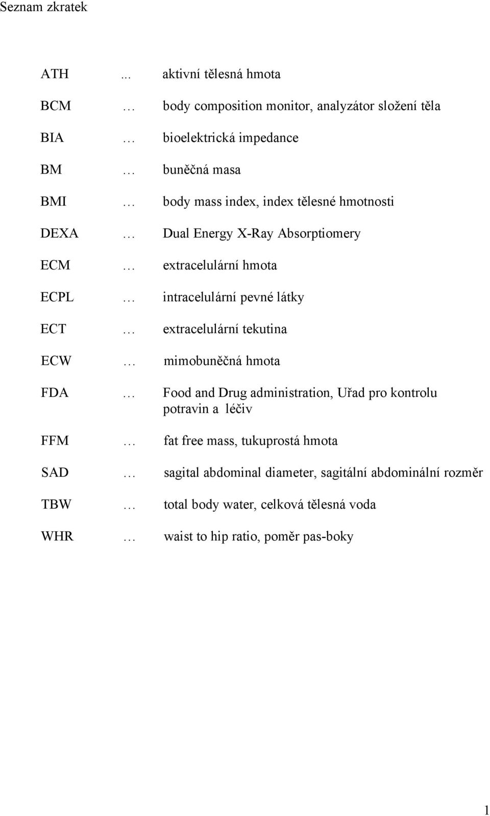 index tělesné hmotnosti DEXA Dual Energy X-Ray Absorptiomery ECM extracelulární hmota ECPL intracelulární pevné látky ECT extracelulární