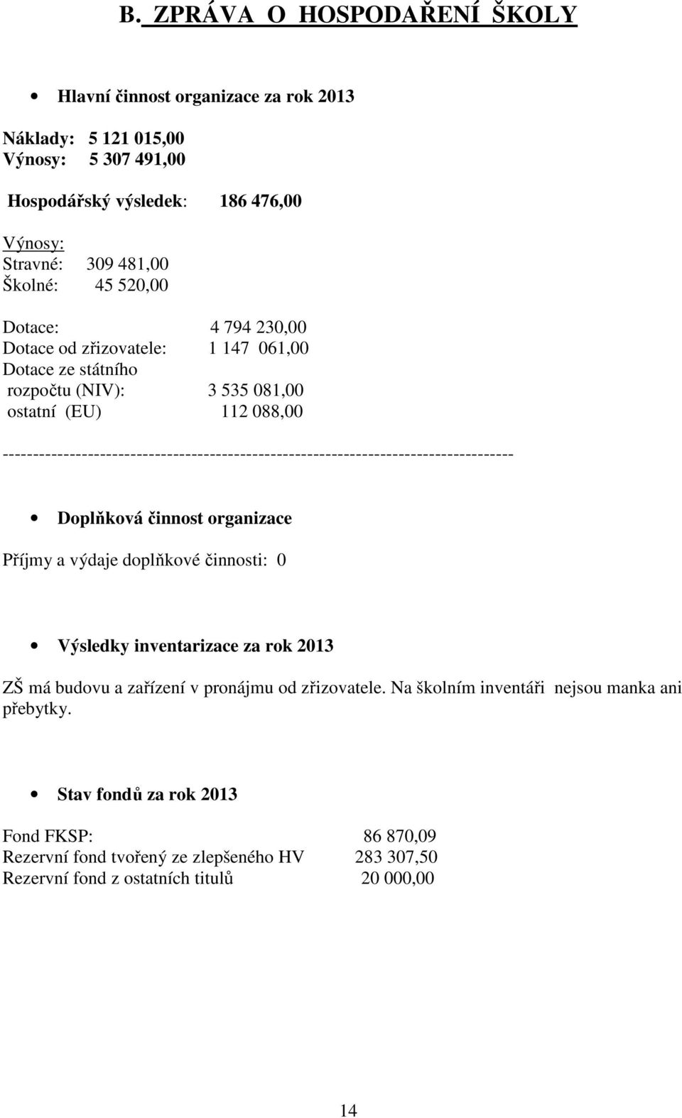 ------------------------------------------------------------------------------------ Doplňková činnost organizace Příjmy a výdaje doplňkové činnosti: 0 Výsledky inventarizace za rok