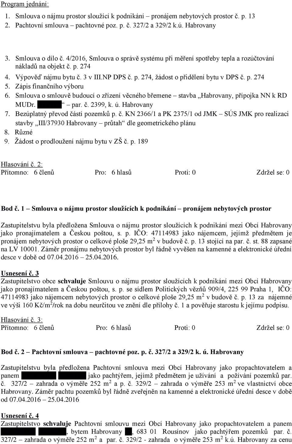 Zápis finančního výboru 6. Smlouva o smlouvě budoucí o zřízení věcného břemene stavba Habrovany, přípojka NN k RD MUDr. xxxxxxx par. č.