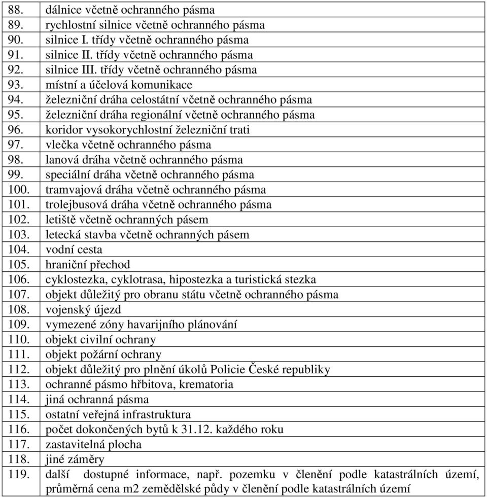 koridor vysokorychlostní železniční trati 97. vlečka včetně ochranného pásma 98. lanová dráha včetně ochranného pásma 99. speciální dráha včetně ochranného pásma 100.