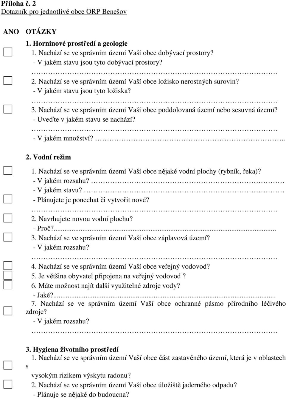 Nachází se ve správním území Vaší obce poddolovaná území nebo sesuvná území? - Uveďte v jakém stavu se nachází?. - V jakém množství?.. 2. Vodní režim 1.