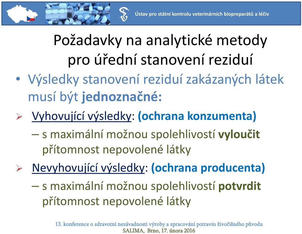 maximální možnou spolehlivostí vyloučit přítomnost nepovolené látky Nevyhovující