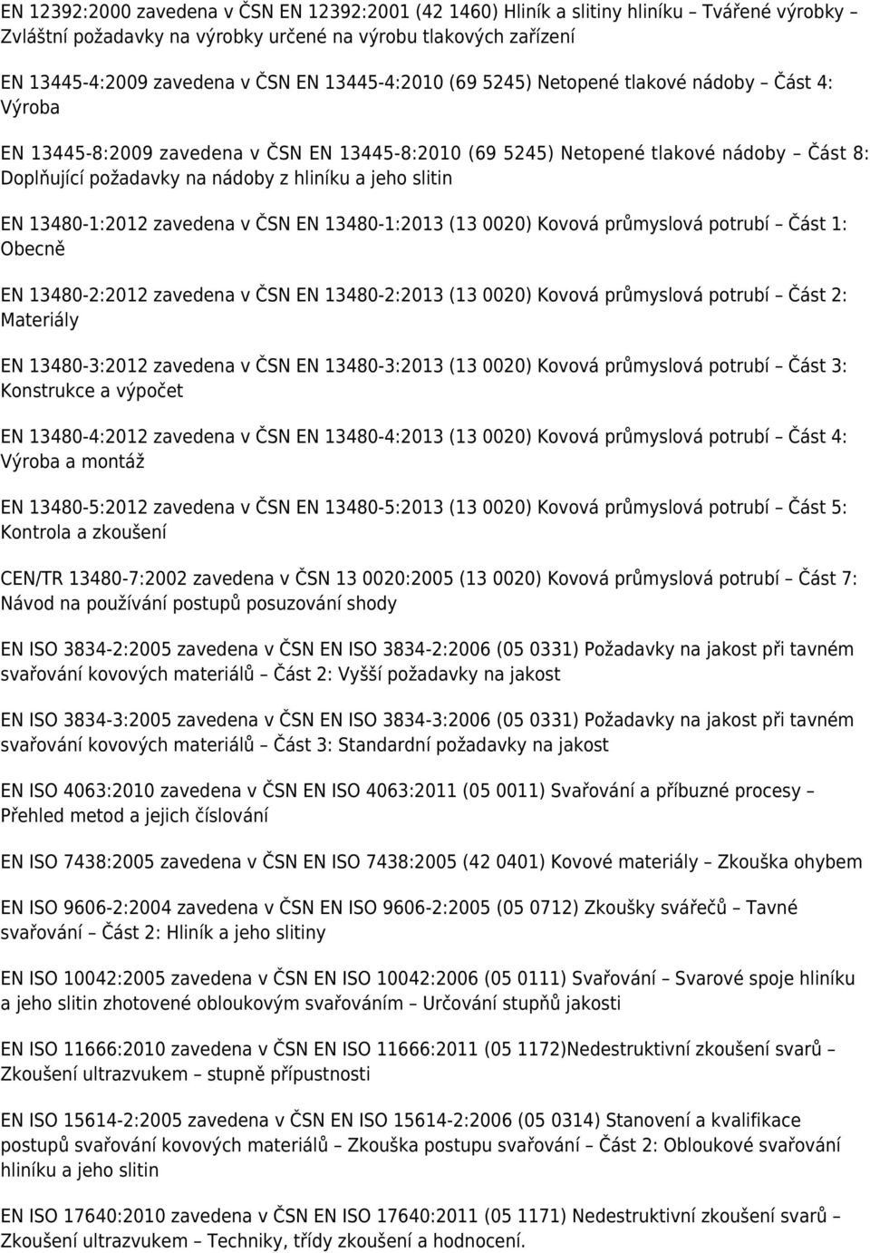 slitin EN 13480-1:2012 zavedena v ČSN EN 13480-1:2013 (13 0020) Kovová průmyslová potrubí Část 1: Obecně EN 13480-2:2012 zavedena v ČSN EN 13480-2:2013 (13 0020) Kovová průmyslová potrubí Část 2: