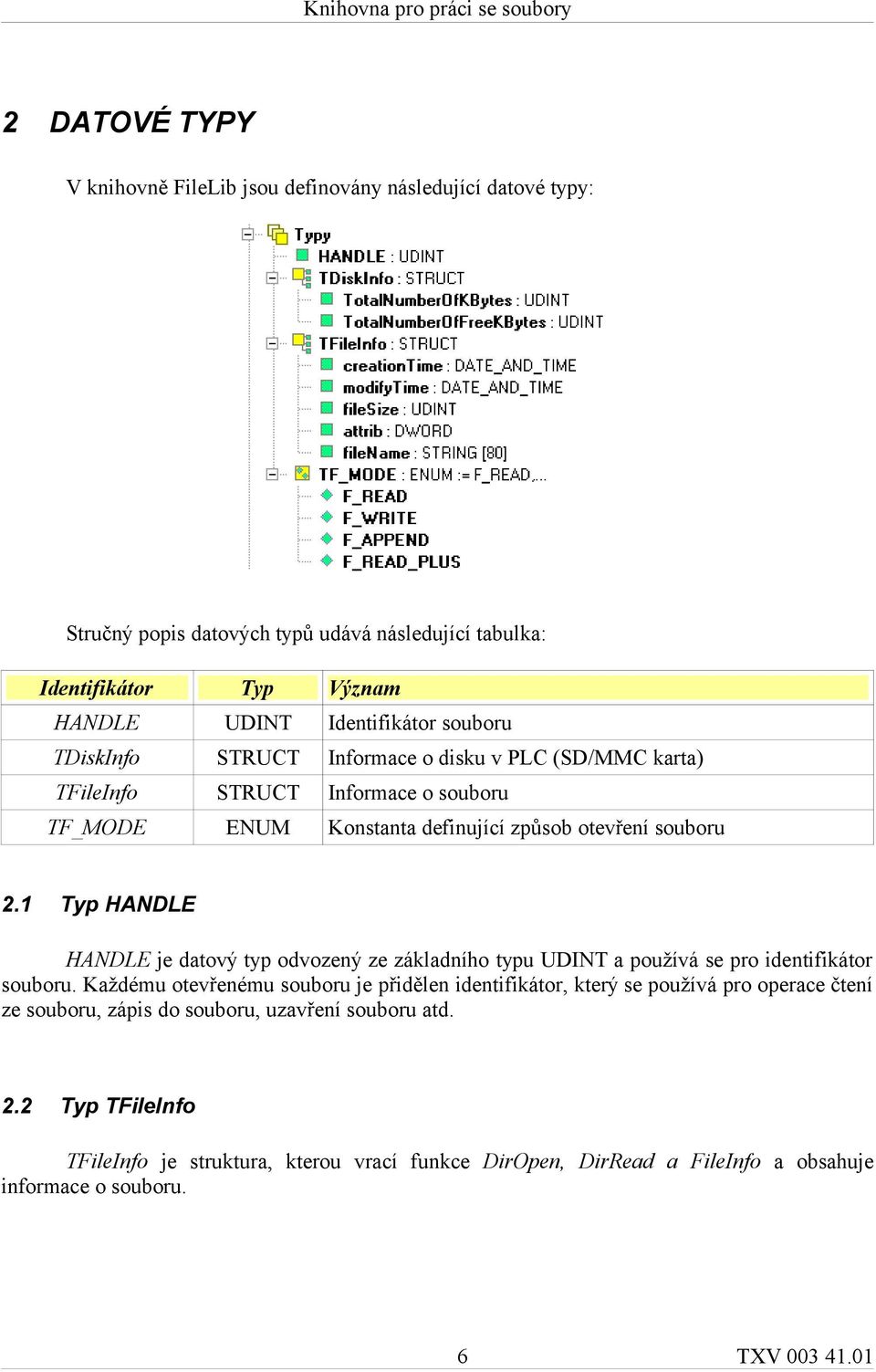 1 Typ HANDLE HANDLE je datový typ odvozený ze základního typu UDINT a používá se pro identifikátor souboru.