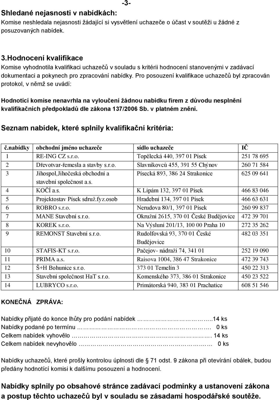 Pro posouzení kvalifikace uchazečů byl zpracován protokol, v němž se uvádí: Hodnotící komise nenavrhla na vyloučení žádnou nabídku firem z důvodu nesplnění kvalifikačních předpokladů dle zákona