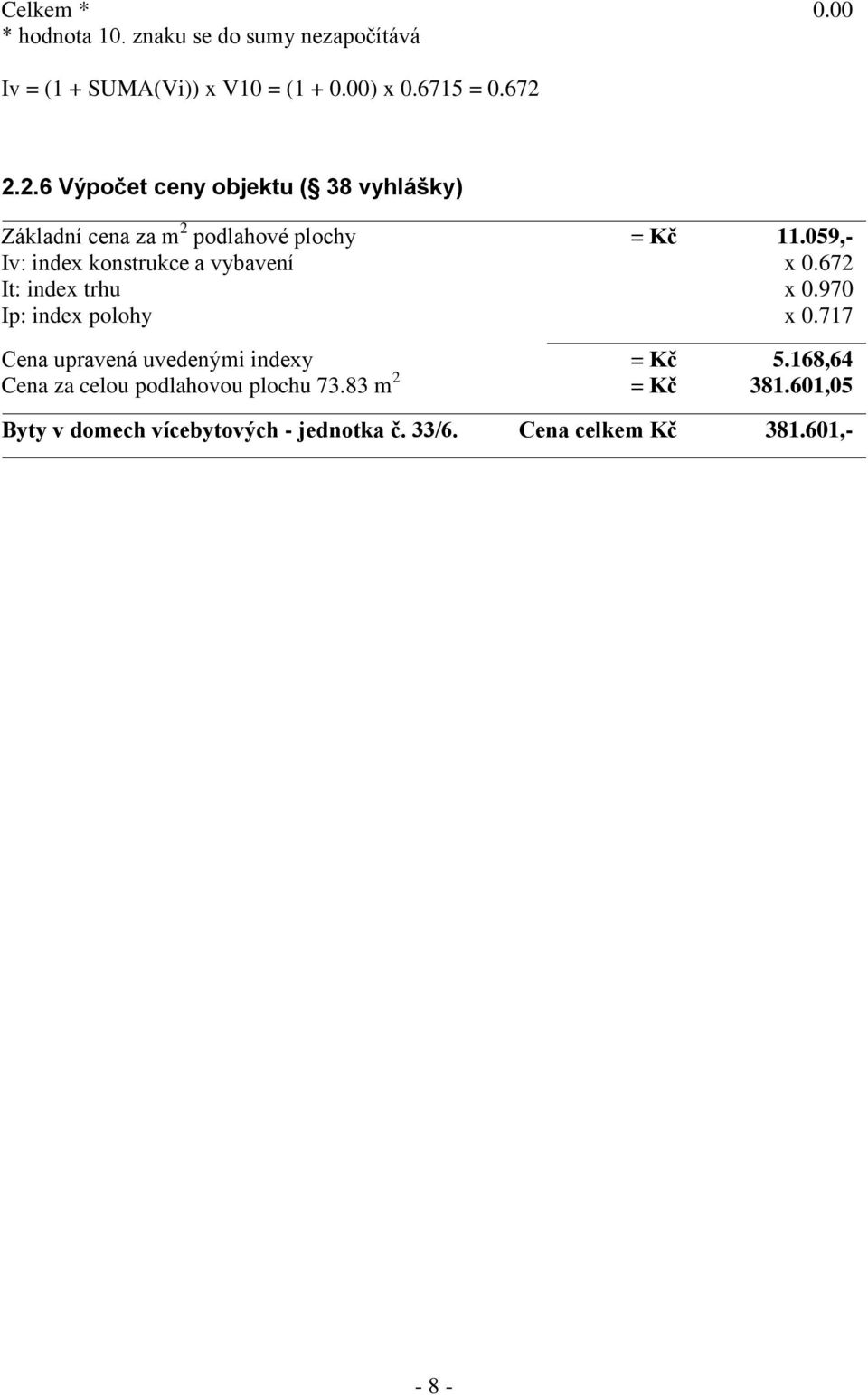 059,- Iv: index konstrukce a vybavení x 0.672 It: index trhu x 0.970 Ip: index polohy x 0.