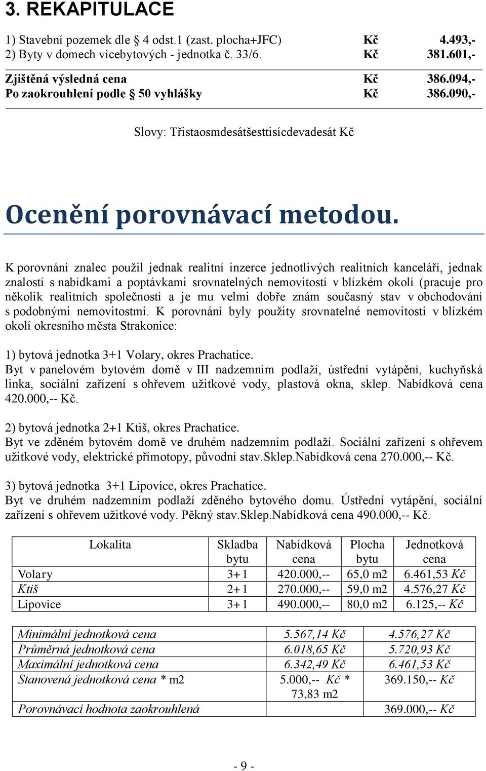 K porovnání znalec použil jednak realitní inzerce jednotlivých realitních kanceláří, jednak znalostí s nabídkami a poptávkami srovnatelných nemovitostí v blízkém okolí (pracuje pro několik realitních