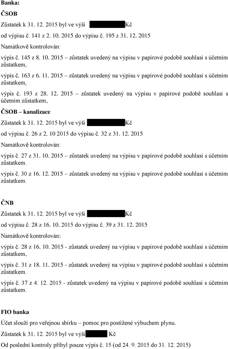 10 2015 do výpisu č. 32 z 31. 12. 2015 výpis č. 27 z 31. 10. 2015 zůstatek uvedený na výpisu v papírové podobě souhlasí s účetním výpis č. 30 z 16. 12. 2015 zůstatek uvedený na výpisu v papírové podobě souhlasí s účetním ČNB od výpisu č.