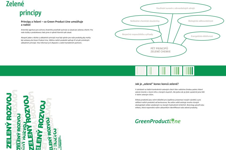 Alespoň jeden z těchto 5 základních principů musí být splněn pro naše produkty,aby mohly být zařazeny do Green Product Line. Většina našich produktů splňuje tři až pět zmíněných základních principů.