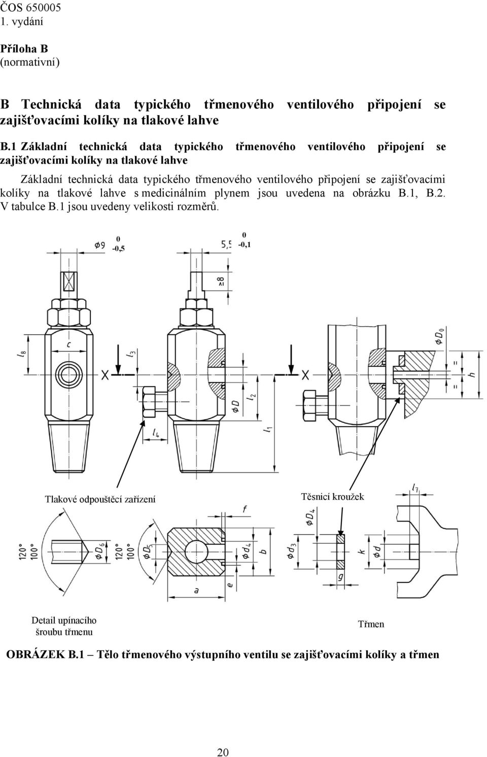 ventilového připojení se zajišťovacími kolíky na tlakové lahve s medicinálním plynem jsou uvedena na obrázku B.1, B.2. V tabulce B.