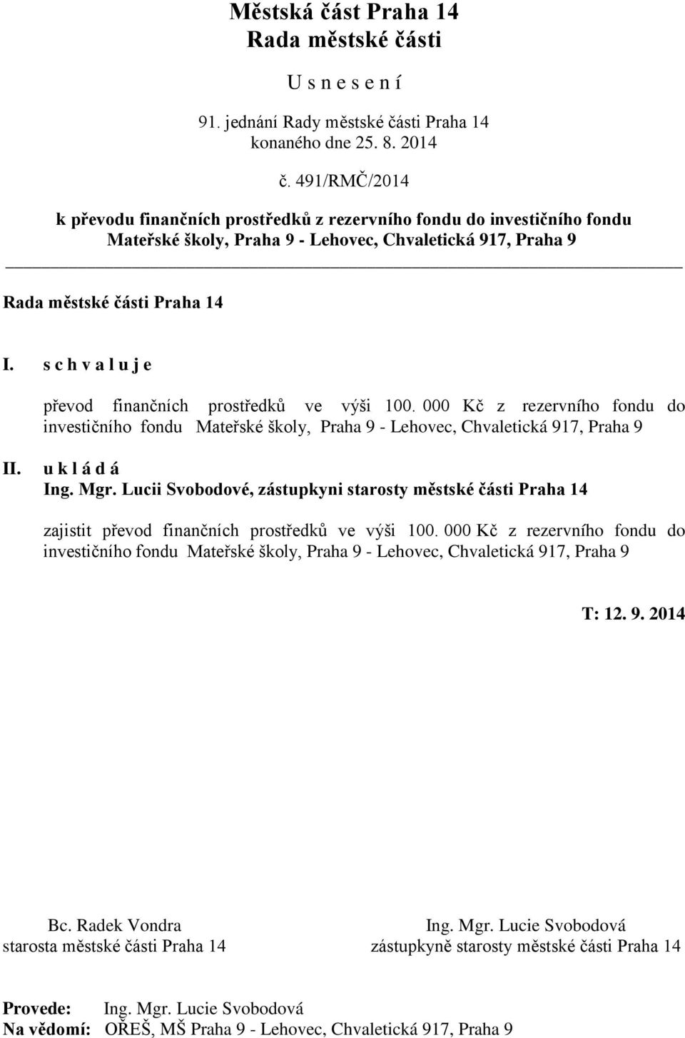 Lucii Svobodové, zástupkyni starosty městské části Praha 14 zajistit převod finančních prostředků ve výši 100.