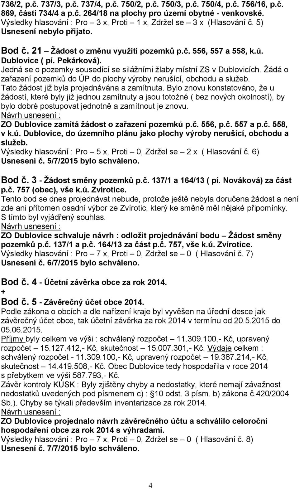 Jedná se o pozemky sousedící se silážními žlaby místní ZS v Dublovicích. Žádá o zařazení pozemků do ÚP do plochy výroby nerušící, obchodu a služeb. Tato žádost již byla projednávána a zamítnuta.