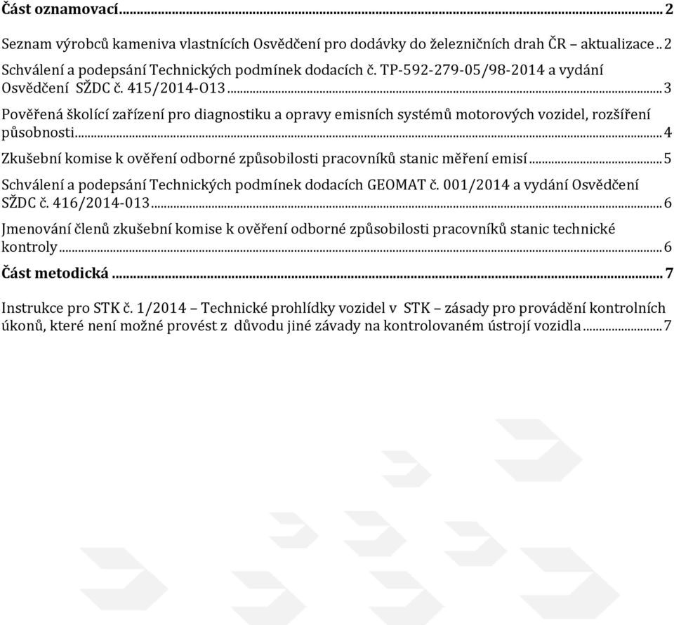 .. 4 Zkušební komise k ověření odborné způsobilosti pracovníků stanic měření emisí... 5 Schválení a podepsání Technických podmínek dodacích GEOMAT č. 001/2014 a vydání Osvědčení SŽDC č. 416/2014-013.