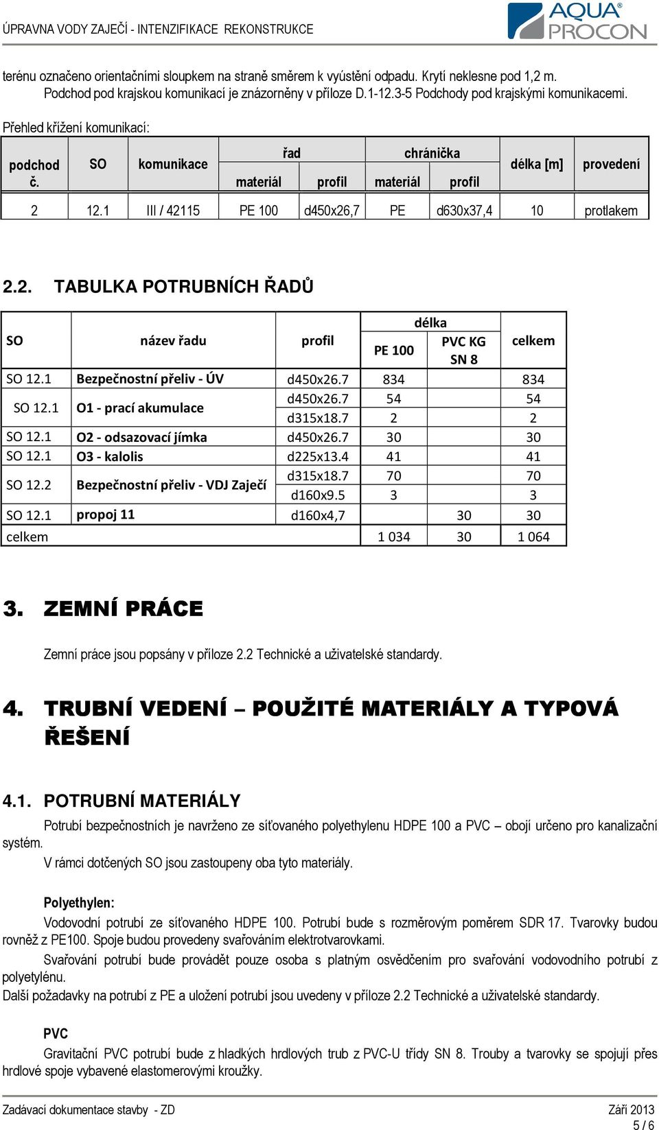 1 III / 42115 PE 100 d450x26,7 PE d630x37,4 10 protlakem 2.2. TABULKA POTRUBNÍCH ŘADŮ délka SO název řadu profil PVC KG celkem PE 100 SN 8 SO 12.1 Bezpečnostní přeliv - ÚV d450x26.7 834 834 SO 12.