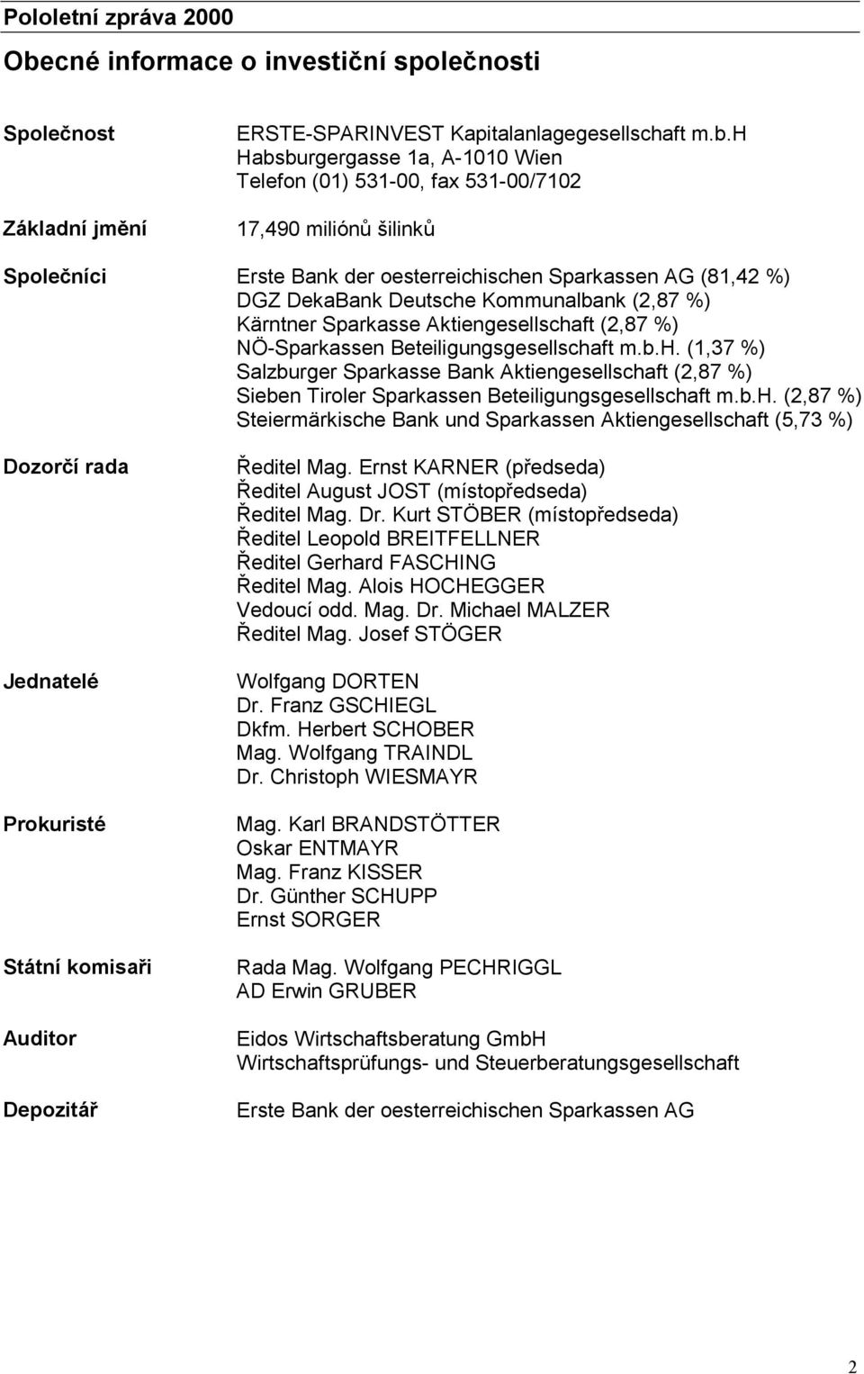 h Habsburgergasse 1a, A-1010 Wien Telefon (01) 531-00, fax 531-00/7102 17,490 miliónů šilinků Společníci Erste Bank der oesterreichischen Sparkassen AG (81,42 %) DGZ DekaBank Deutsche Kommunalbank