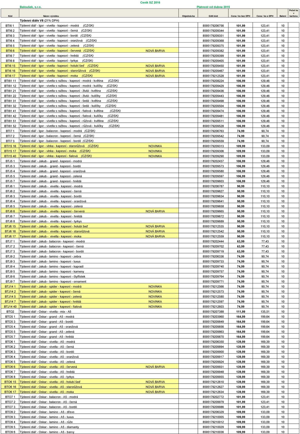 Platnost od dubna 2015 EAN kód Kód Název výrobku Objednávka Cena / ks bez DPH Cena / ks s DPH Balení Týdenní diáře V8 (21% DPH) BTI6 1 Týdenní diář - Igor - vivella - kapesní - modrá (CZ/SK)
