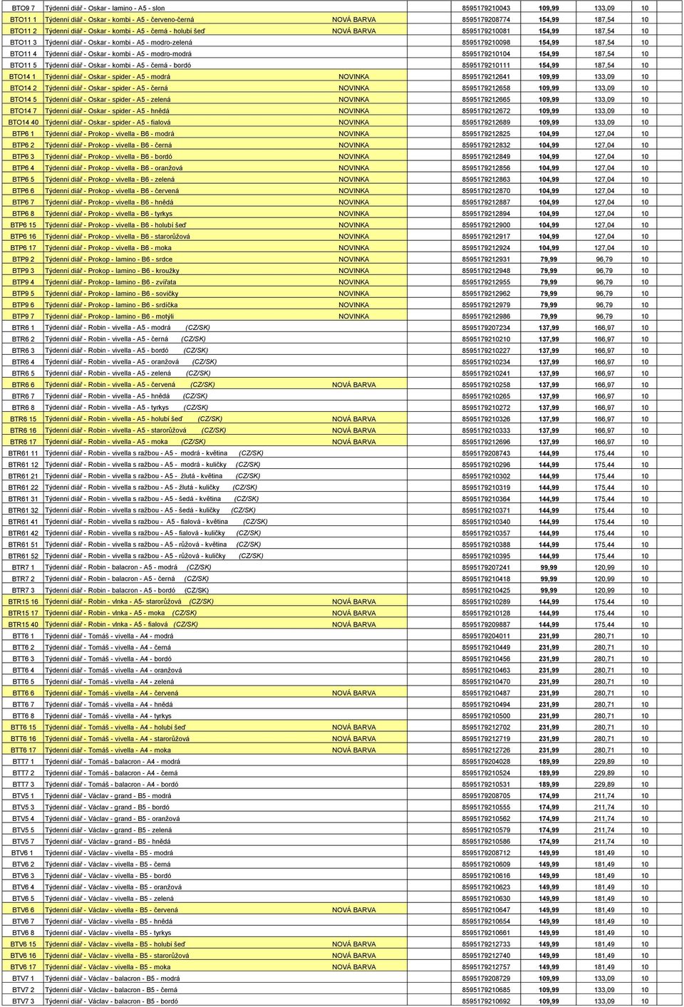 Oskar - kombi - A5 - modro-modrá 8595179210104 154,99 187,54 10 BTO11 5 Týdenní diář - Oskar - kombi - A5 - černá - bordó 8595179210111 154,99 187,54 10 BTO14 1 Týdenní diář - Oskar - spider - A5 -