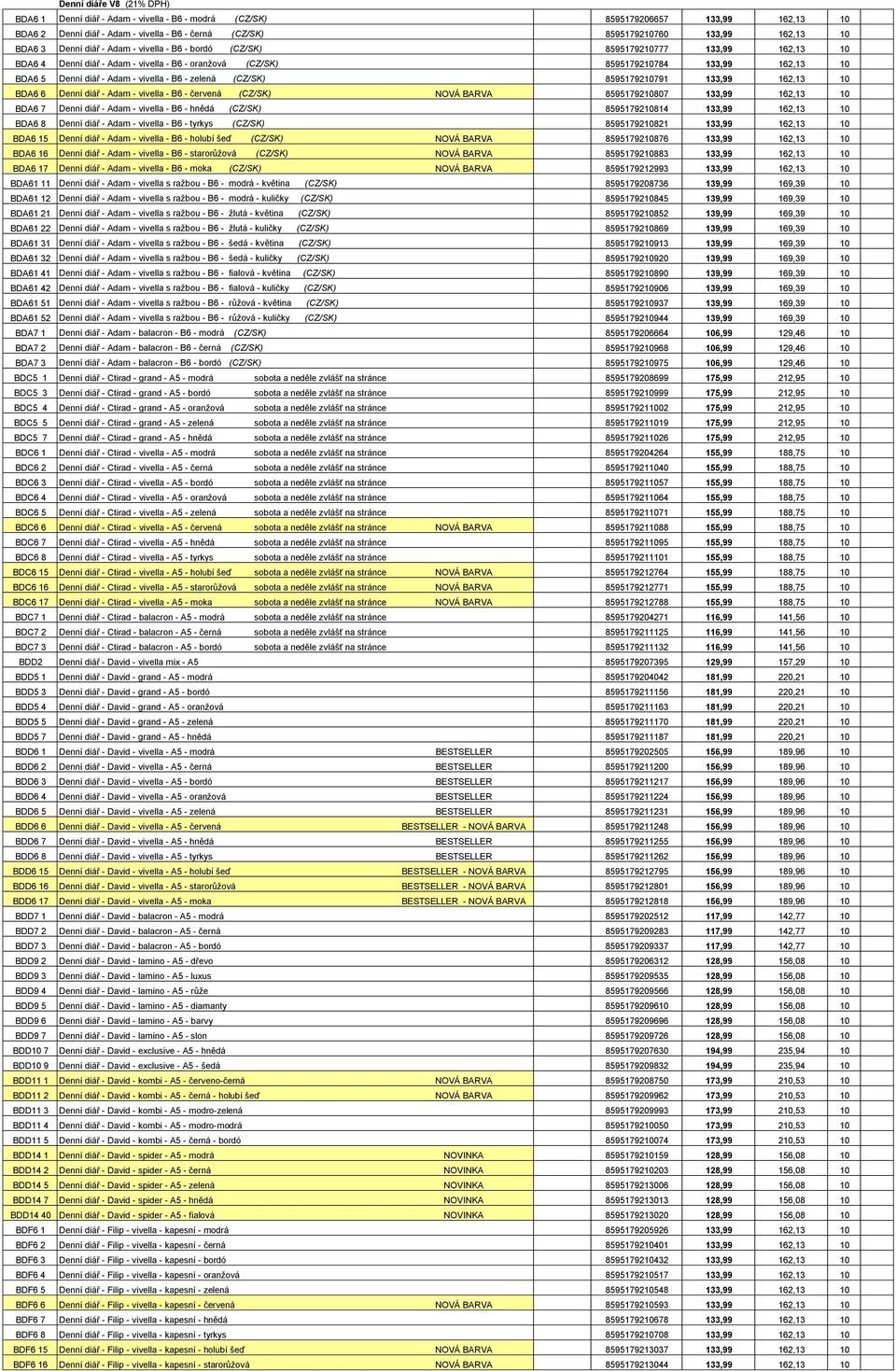 Adam - vivella - B6 - zelená (CZ/SK) 8595179210791 133,99 162,13 10 BDA6 6 Denní diář - Adam - vivella - B6 - červená (CZ/SK) NOVÁ BARVA 8595179210807 133,99 162,13 10 BDA6 7 Denní diář - Adam -