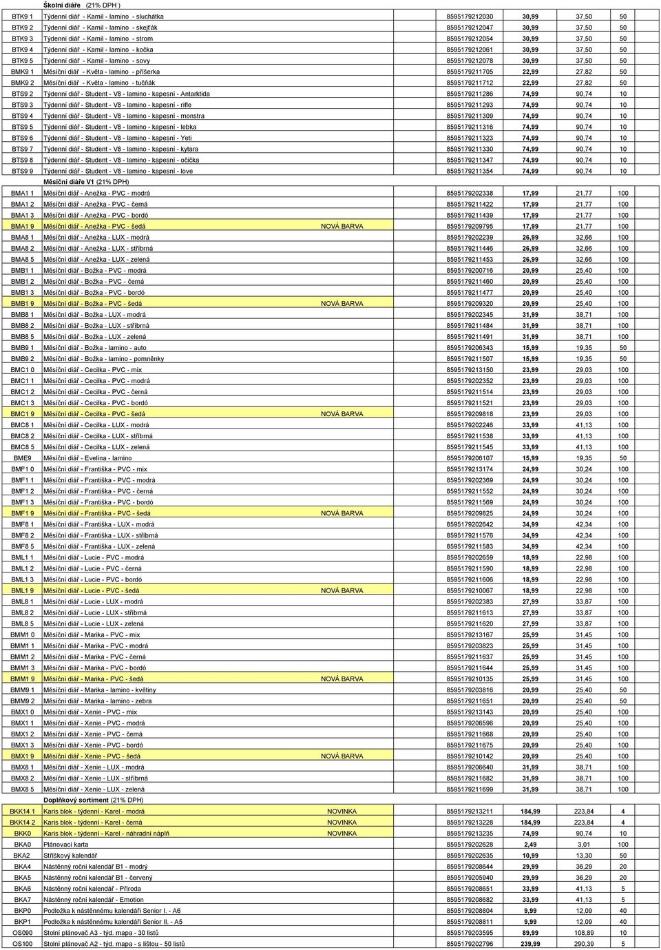 BMK9 1 Měsíční diář - Květa - lamino - příšerka 8595179211705 22,99 27,82 50 BMK9 2 Měsíční diář - Květa - lamino - tučňák 8595179211712 22,99 27,82 50 BTS9 2 Týdenní diář - Student - V8 - lamino -